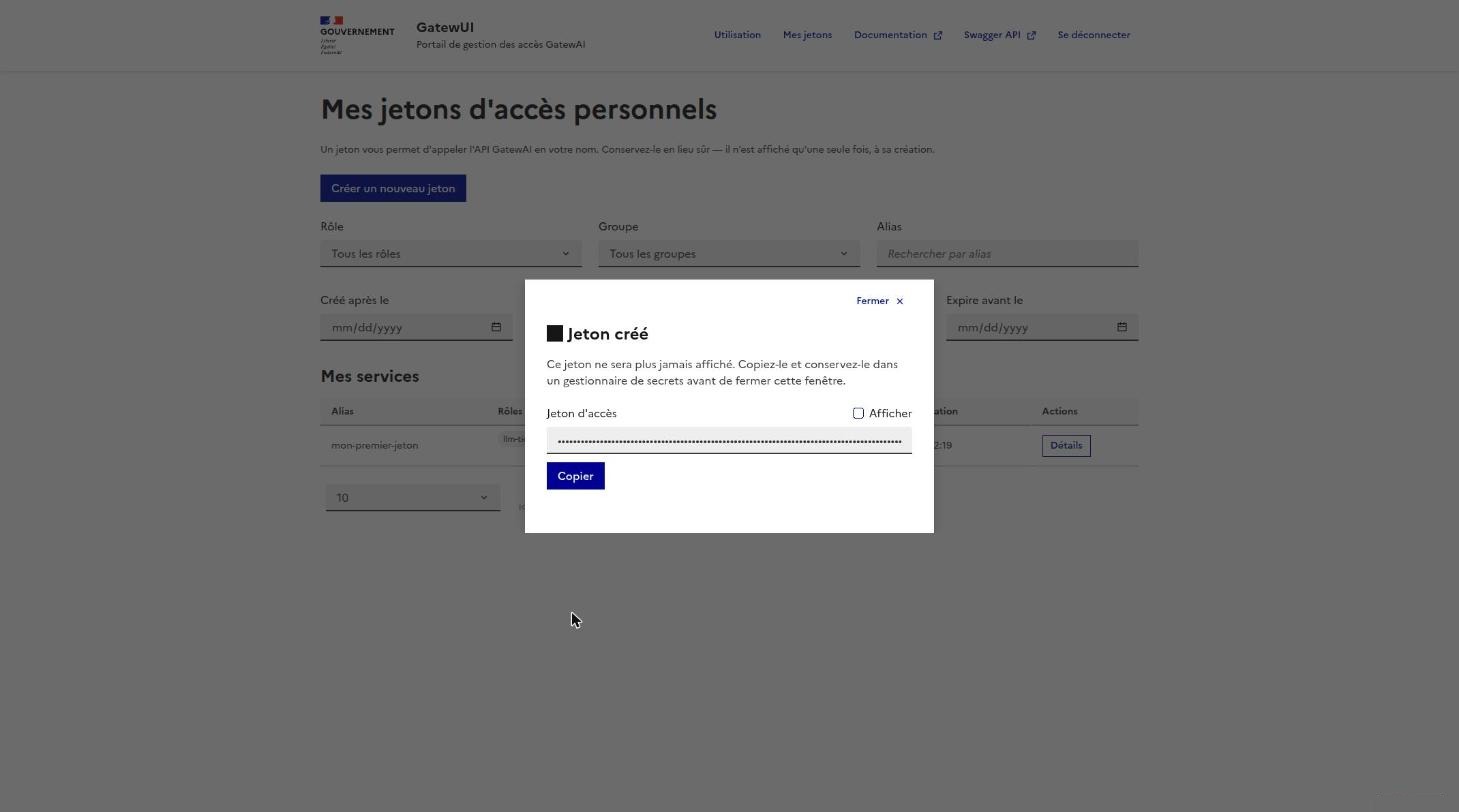 Fenêtre de confirmation, token créé et masqué