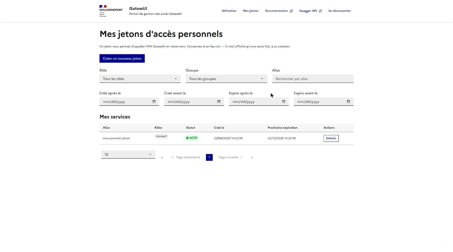 Liste des tokens avec le token nouvellement créé, statut Actif