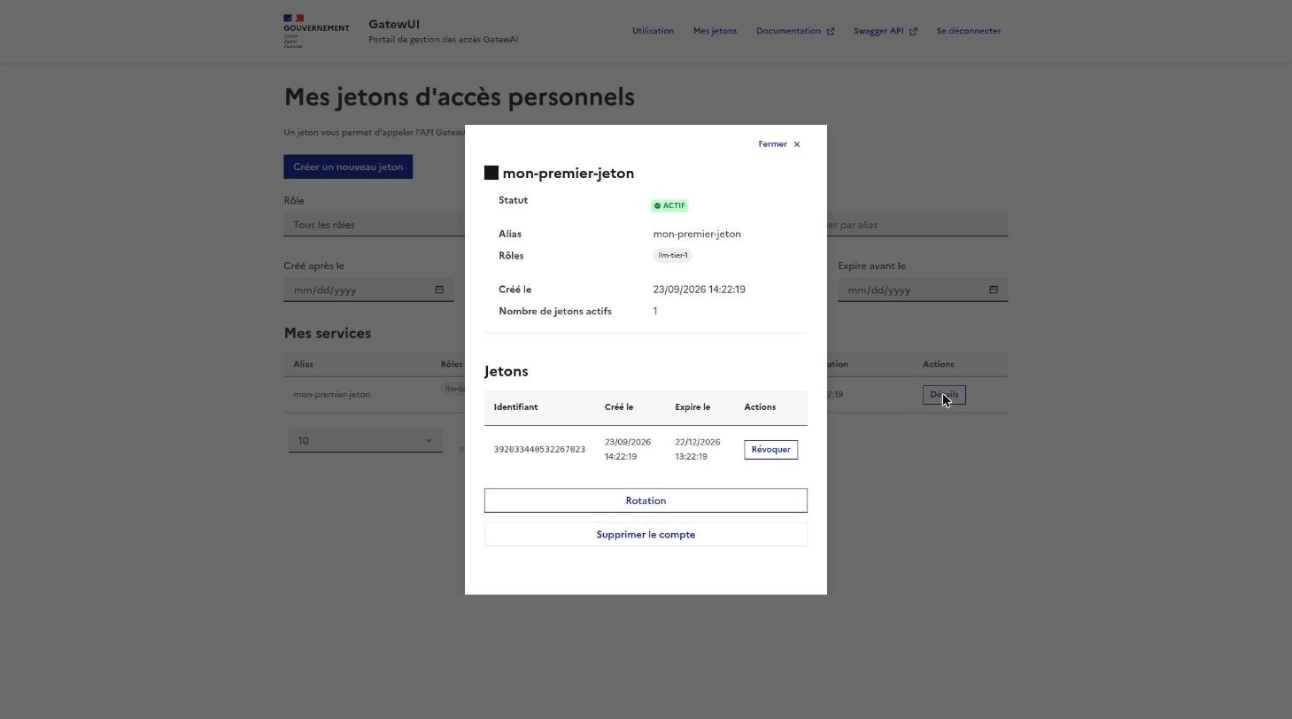 Fenêtre de détails d'un token, avec les actions Révoquer, Rotation et Supprimer le compte